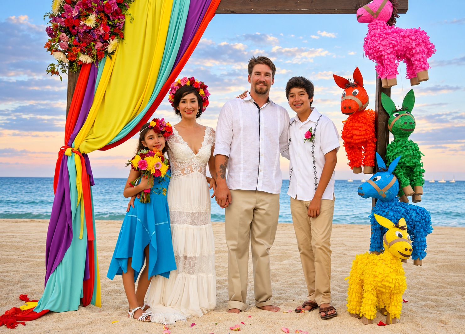 The four of us together at a beach celebration